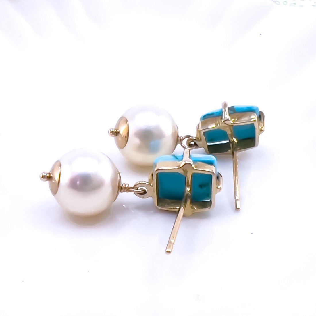 14k Yellow Gold Sleeping Beauty Turquoise & Akoya Pearl Dangle Earrings, New