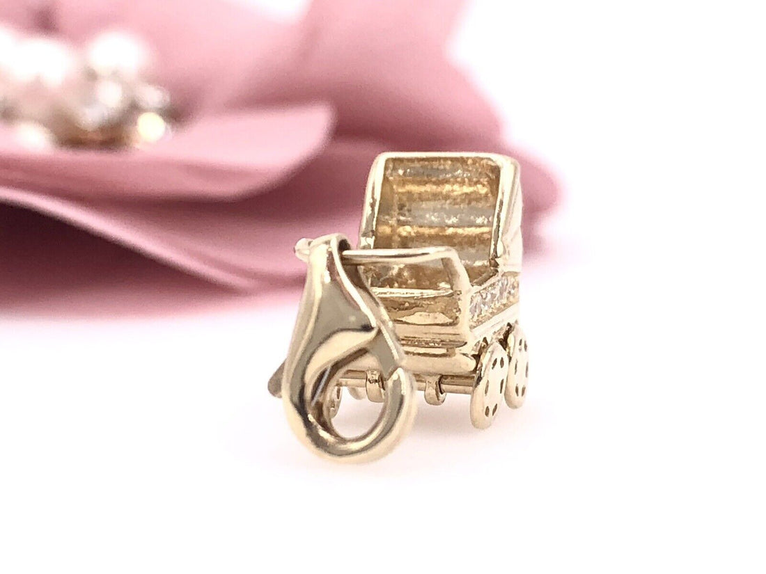 Solid 14K Yellow Gold & Cubic Zirconia 3D Baby Stroller/Carriage Charm, New