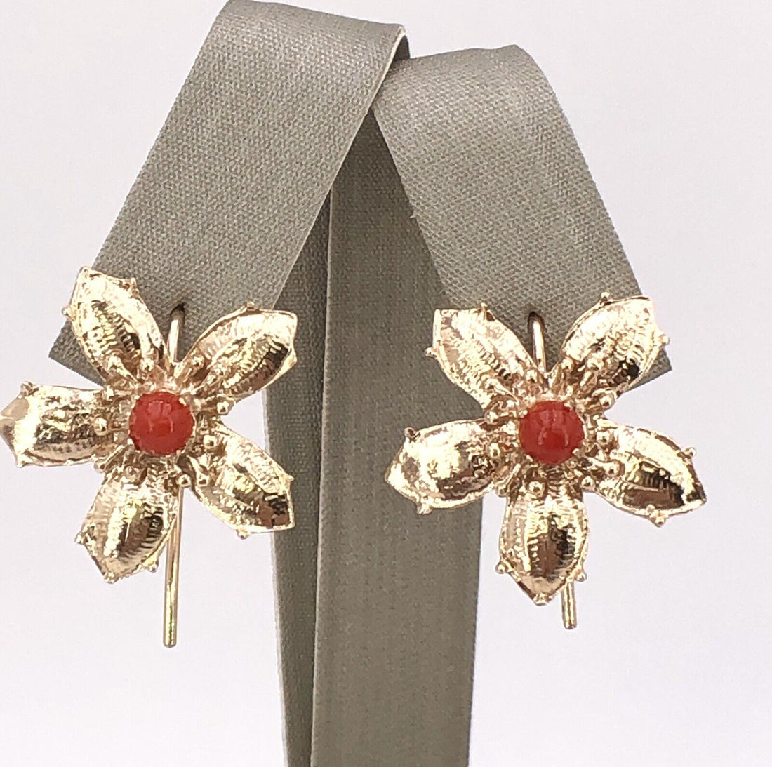 14K Yellow Gold & Mediterranean Red Coral 5 Petal Flower Hook Earrings, New