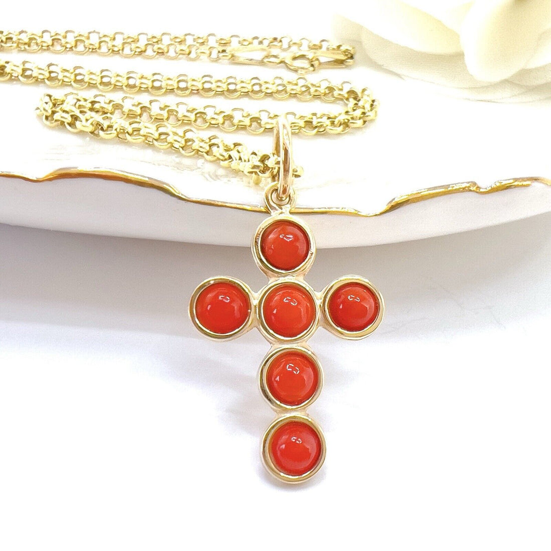 14k Yellow Gold Natural Red Coral Cross Pendant, New 1.18"