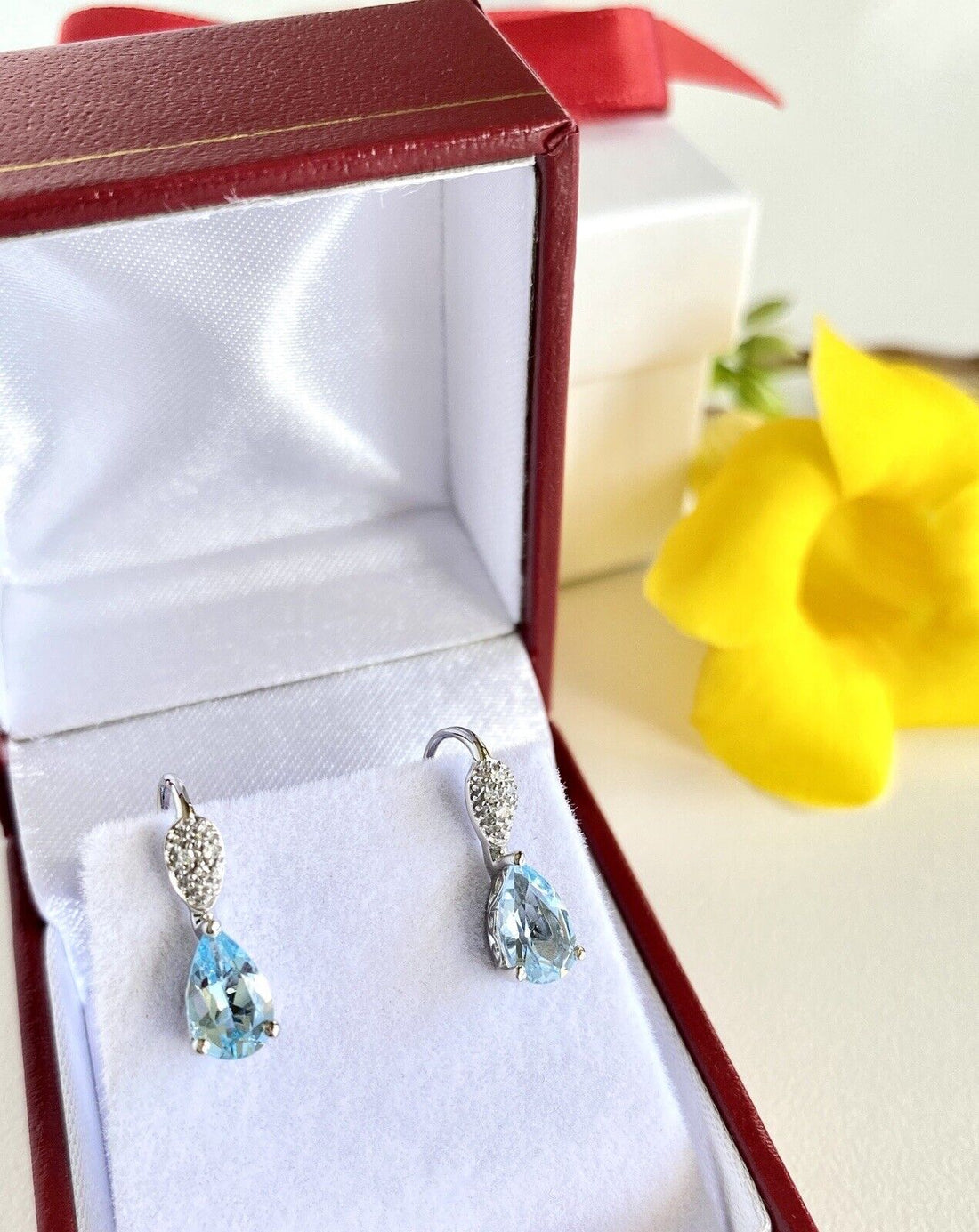 Genuine Sky Blue Topaz & Diamond 10k White Gold Dangle Leverback Earrings, New