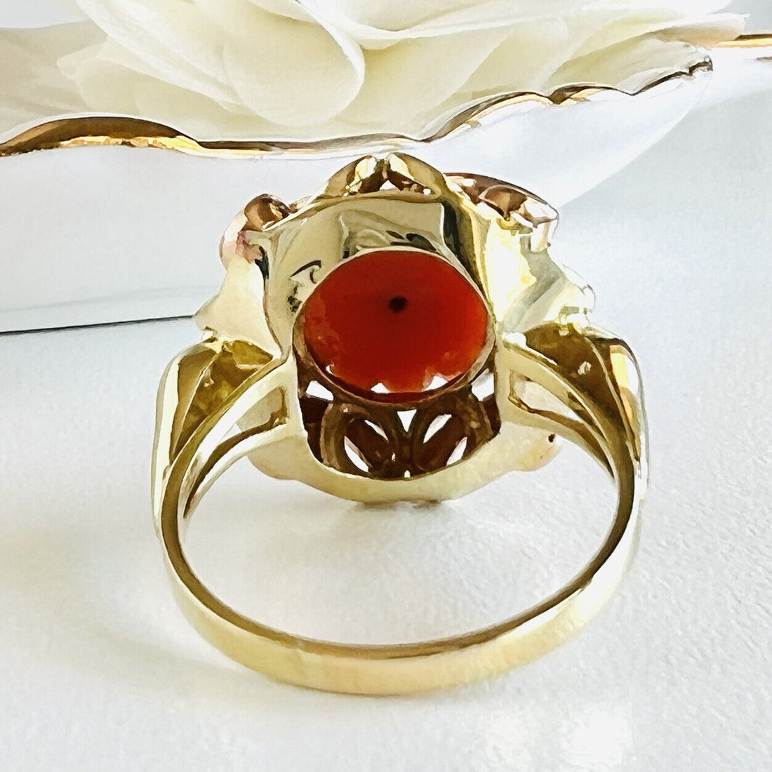 Antique Untreated Red/Orange Coral Rose Carving  Solid 14k Gold Ring, Size 8