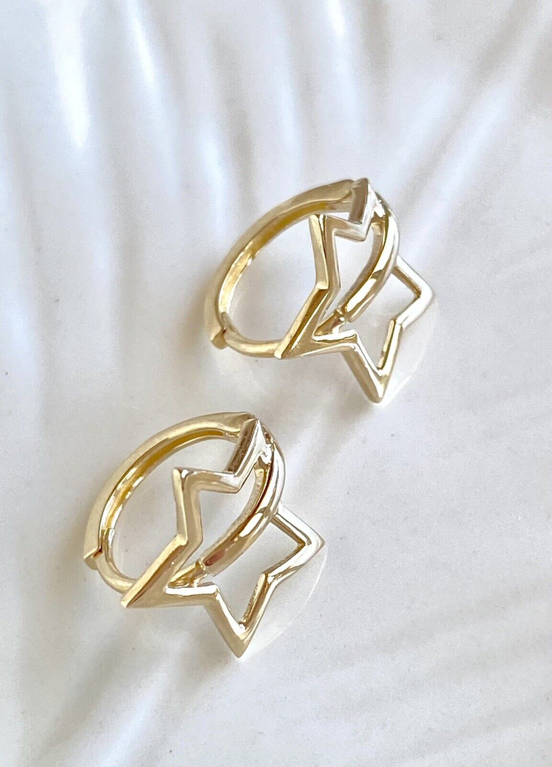 Solid 14k Yellow Gold 5 Point Star Hoop Earrings, New