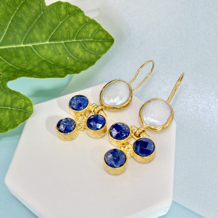 Natural Lapis Lazuli & Coin Pearl Gold Plated Dangle/Drop Earring, New 2"