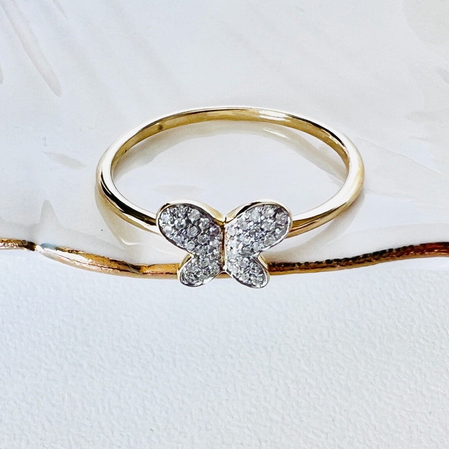 Solid 10k Yellow Gold Genuine Diamond Pave Butterfly Ring, Size 7