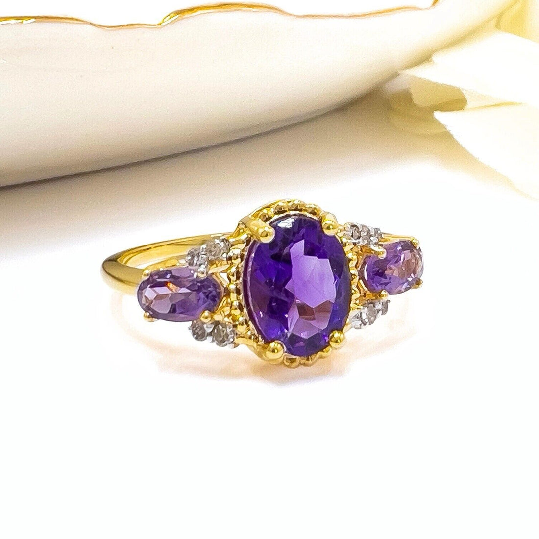 Solid 10k Yellow Gold Genuine Amethyst & Diamond 3-Stone Ring, New Size 7