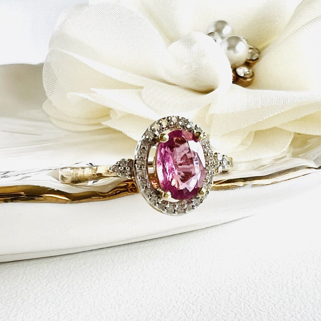 Solid 10k Yellow Gold Genuine Pink Sapphire & Diamonds Halo Ring, New, Size 7