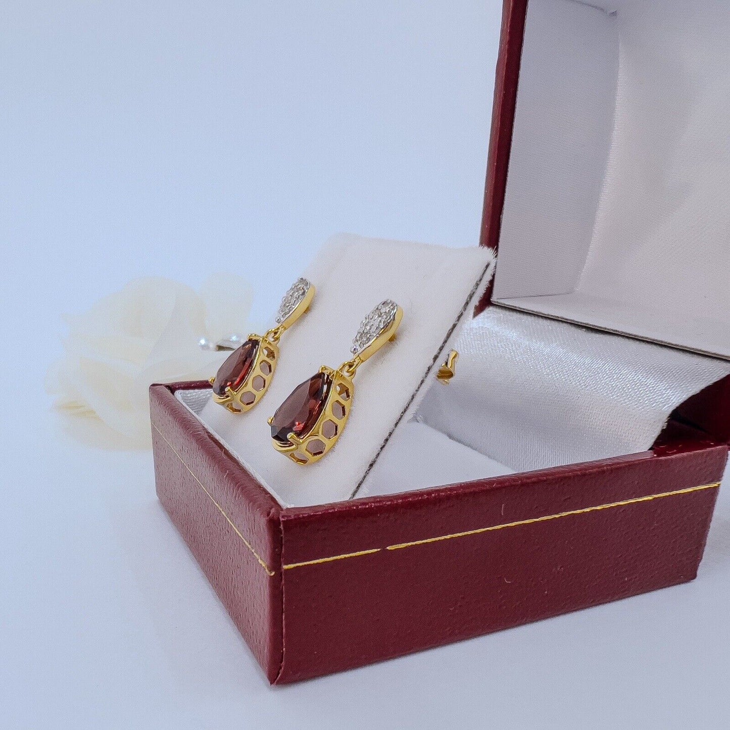 Genuine Pyrope Garnet & Diamond Solid 10k Yellow Gold Dangle/Drop Earrings