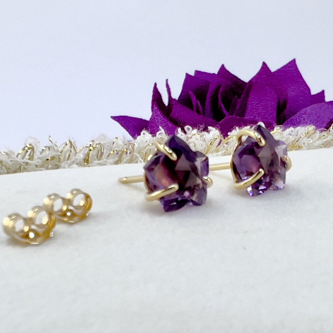 Solid 14k Yellow Gold Genuine Amethyst Star Stud Earrings, New