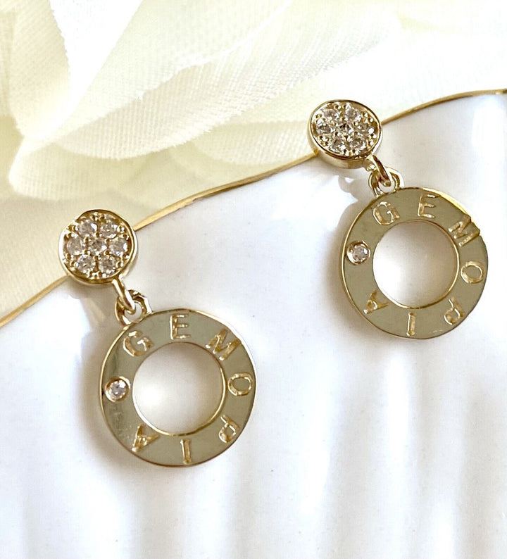 Solid 14K Yellow Gold & Cubic Zirconia Open Circle Dangle Earrings, New