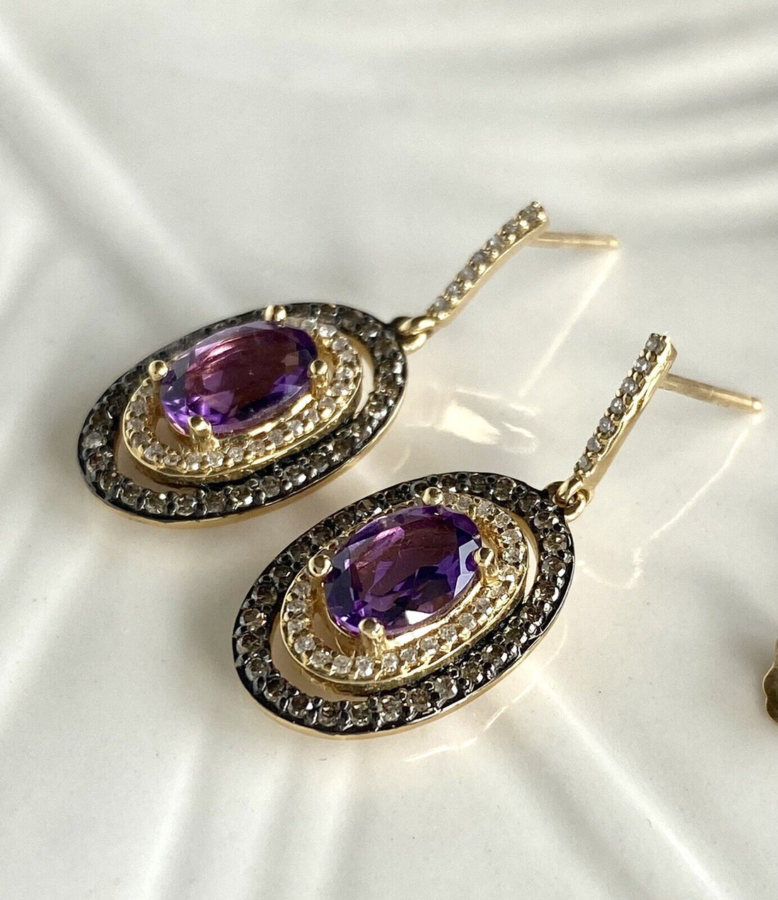 Solid 14k Yellow Gold Genuine Amethyst & Diamond Halo Dangle/Drop Earrings, New