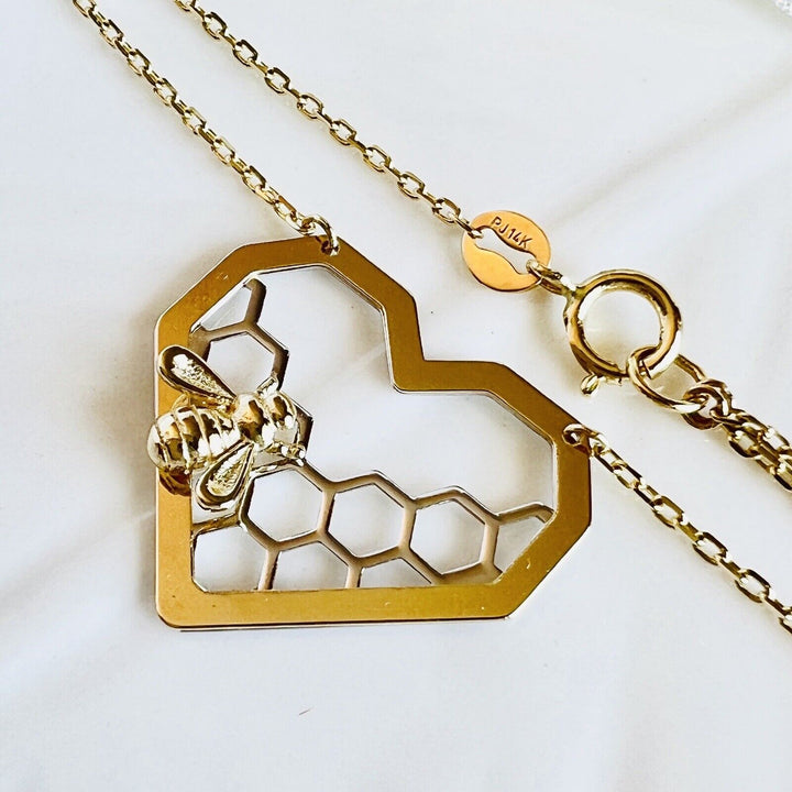 Solid 14k Yellow Gold Bee Hive Heart Pendant/Charm Necklace, New 18"