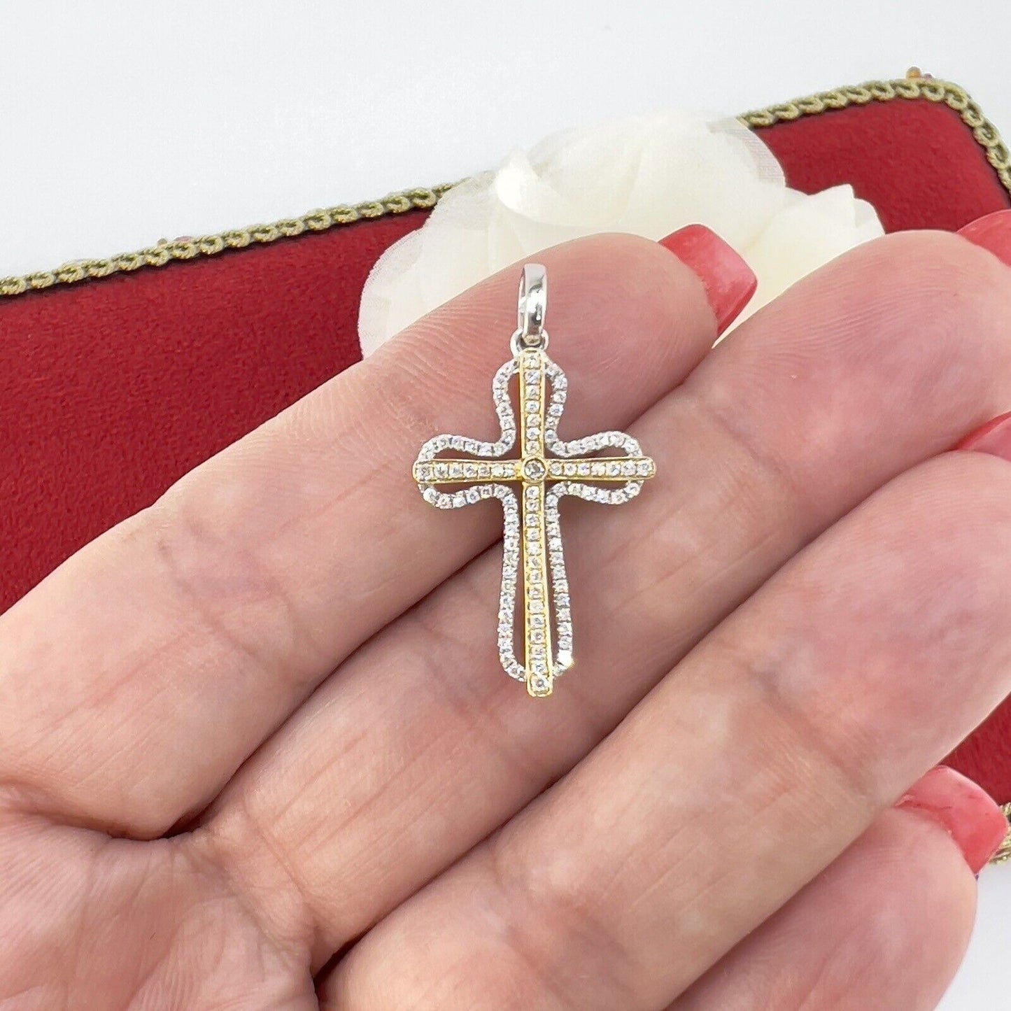 Solid 14k Two-Tone Gold & Genuine Diamond Cross Pendant, New 1.2”