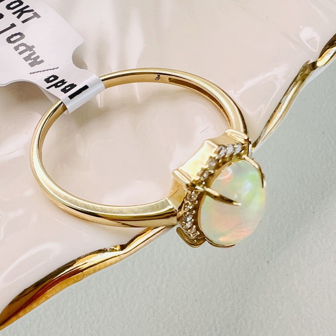 Solid 10k Yellow Gold Genuine Opal & Diamond Halo Ring, Size 7 New