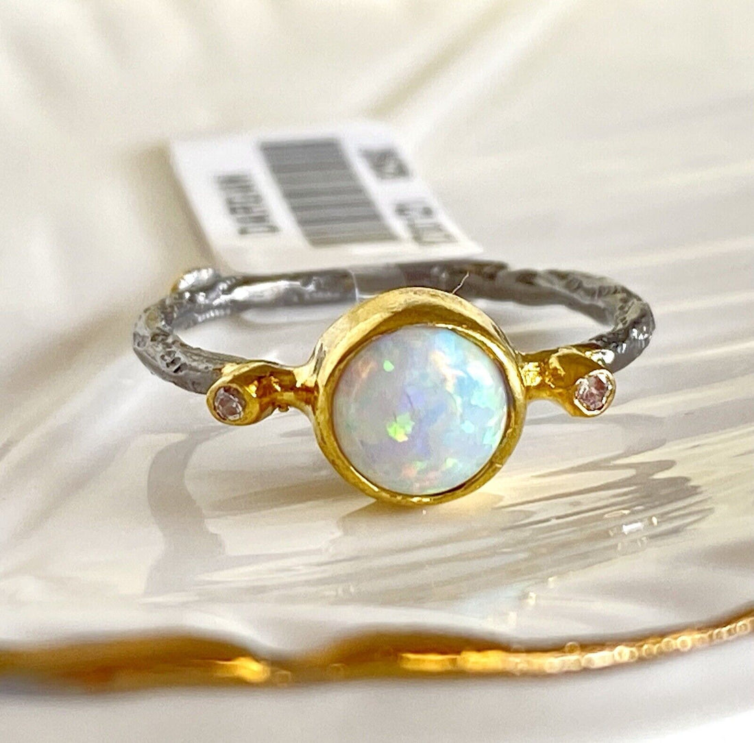 Antiqued Sterling Silver 18K Yellow Gold Opal Ring Size 5.5