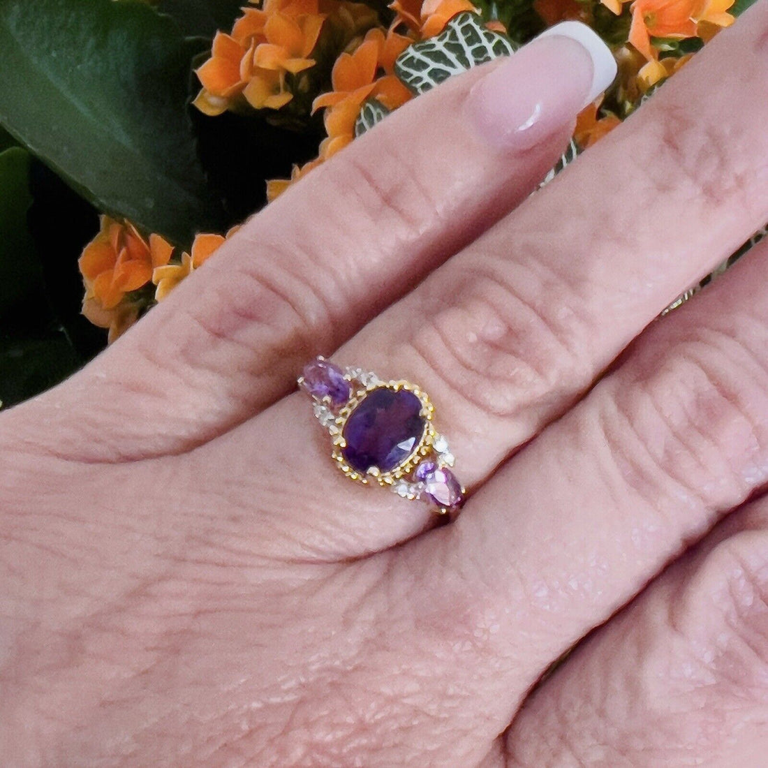 Solid 10k Yellow Gold Genuine Amethyst & Diamond 3-Stone Ring, New Size 7