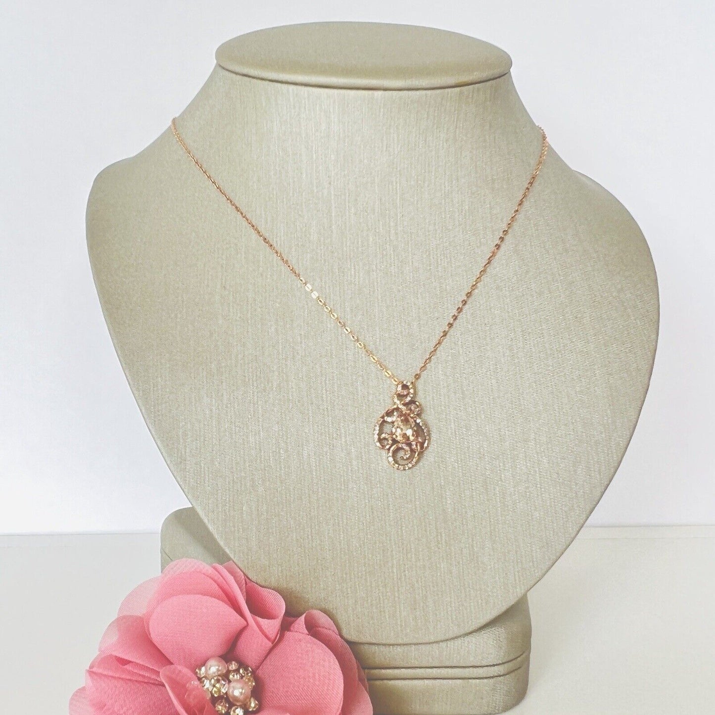 Solid 10k Rose Gold Genuine Morganite & Diamond Pendant/Necklace, New 17"