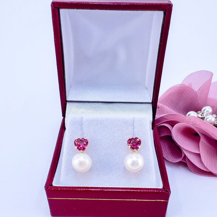 14k Yellow Gold Pink Topaz Heart & Genuine Pearl Stud Earrings, New