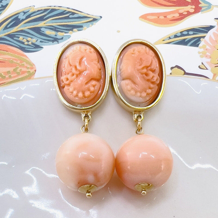 14k Yellow Gold Genuine Vintage Coral Cameo Dangle Earrings, Newly Handcrafted