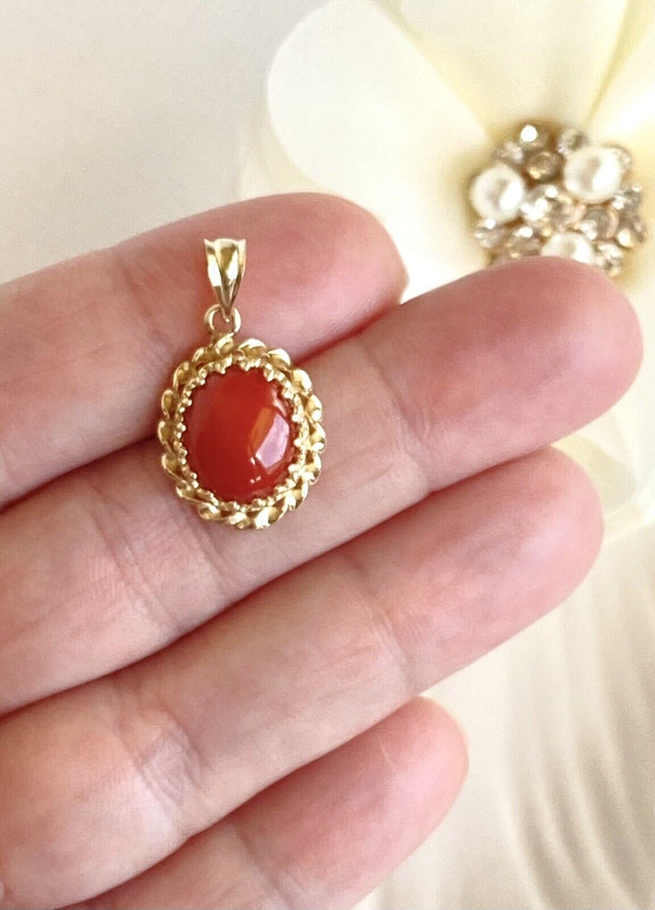 Lg Untreated Mediterranean Red Coral &14k Yellow Gold Handcrafted Pendant, New