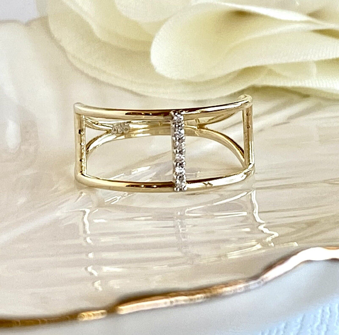 Solid 14k Yellow Gold & Cubic Zirconia Double Bar Ring New, Sz 6.5