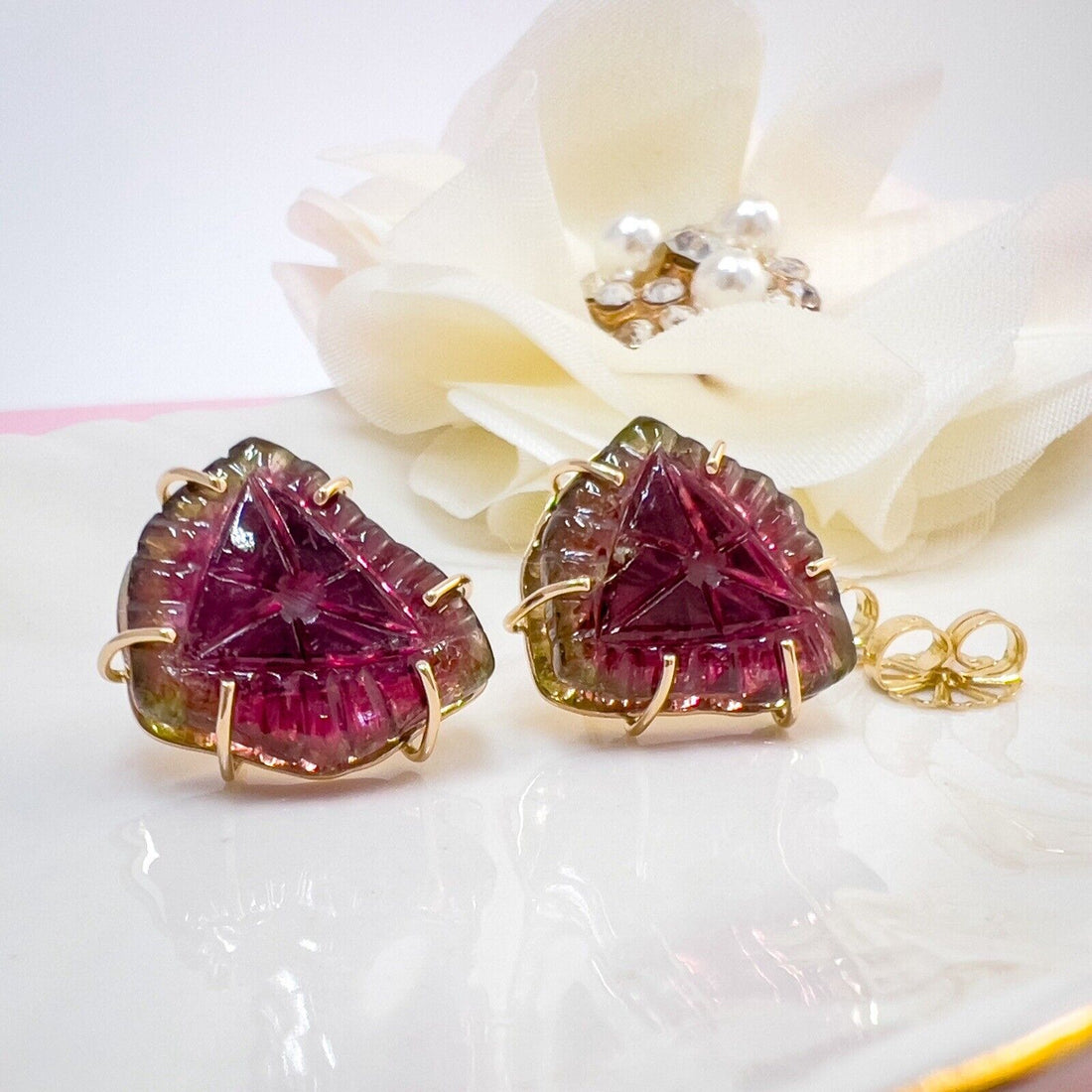 Unique 14k Yellow Gold Watermelon Tourmaline Custom-Made Stud Earrings