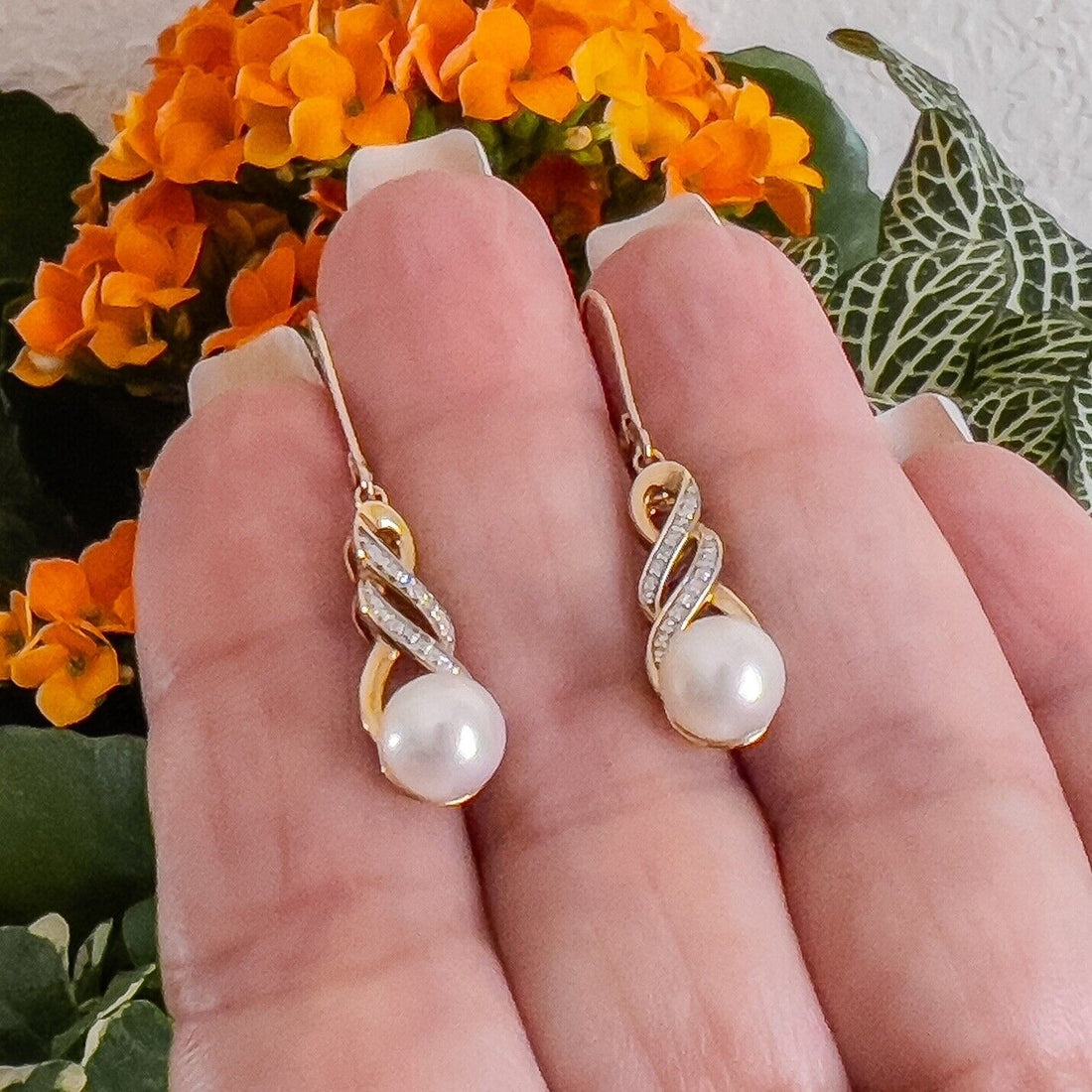 10k Yellow Gold Genuine Pearl & Diamond Dangle/Drop Earrings