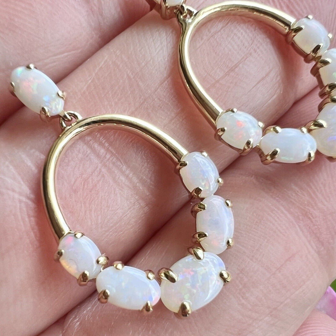 Solid 10k Yellow Gold Genuine Opal Hoop Dangle Earrings, New