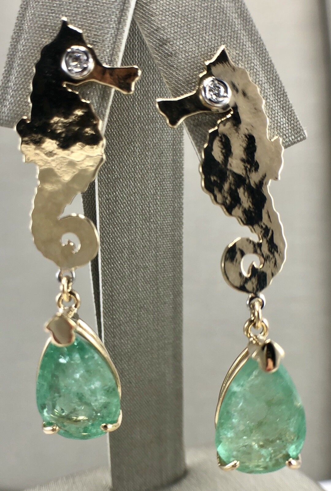 Colombian Emerald & Diamond 14K Yellow Gold Seahorse Dangle Earrings, New