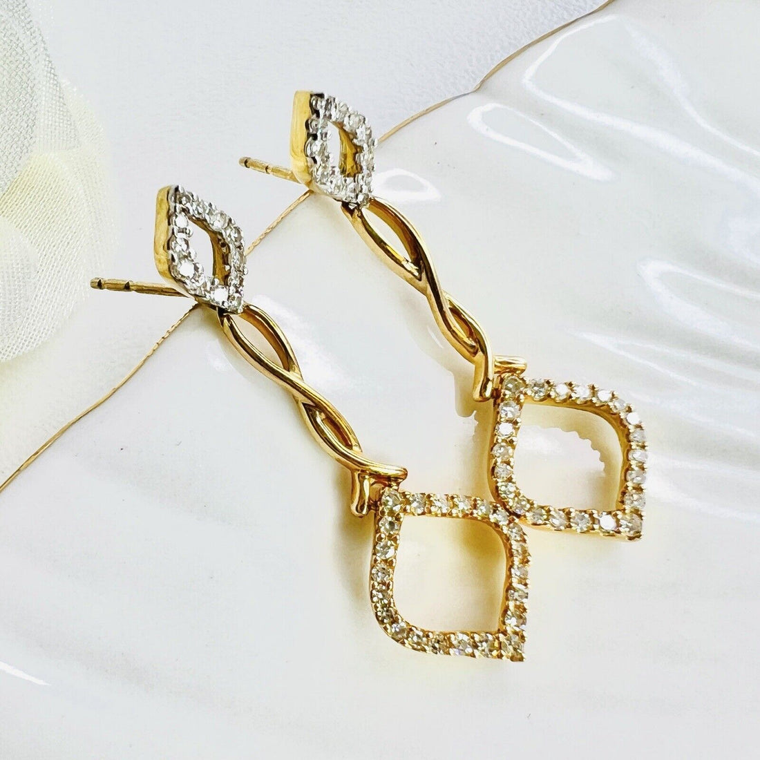 Solid 10k Yellow Gold Genuine Diamond 0.40ct Geometric Dangle Drop Earrings, New