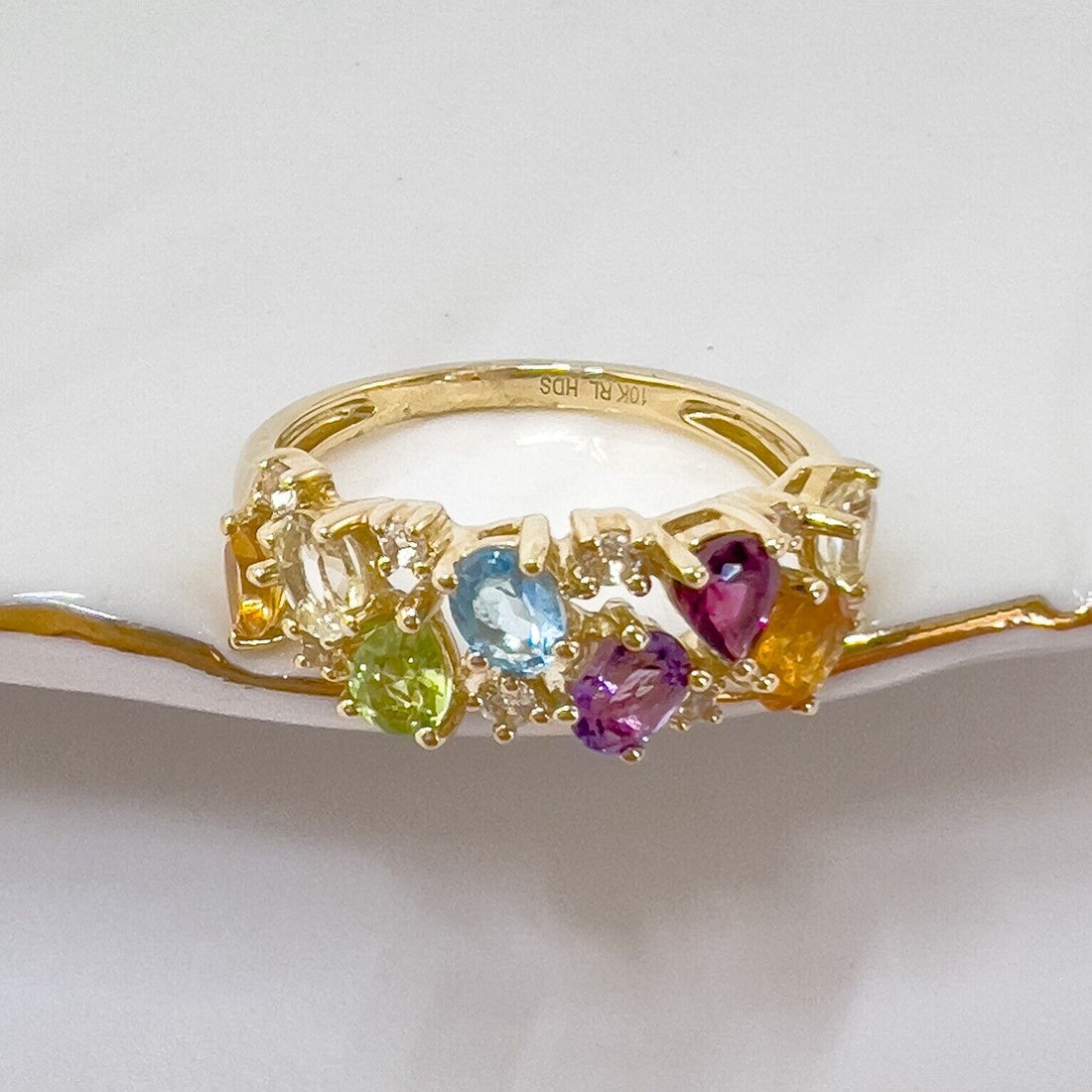 10k Yellow Gold Genuine Multi-Gemstone Ring, Size 7,