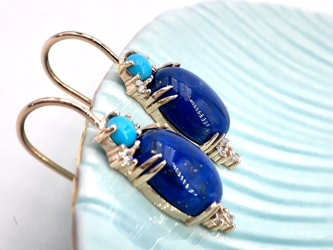 Genuine 14k Gold, Natural Lapis Lazuli, Turquoise & Diamond Dangle Earrings, New