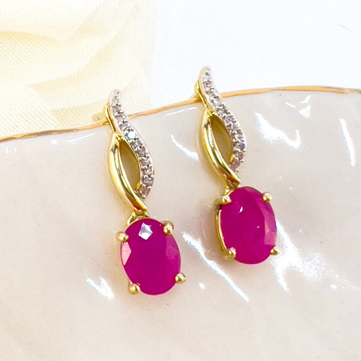 Solid 10k Yellow Gold Genuine Ruby & Diamond Dangle/Drop Earrings, New