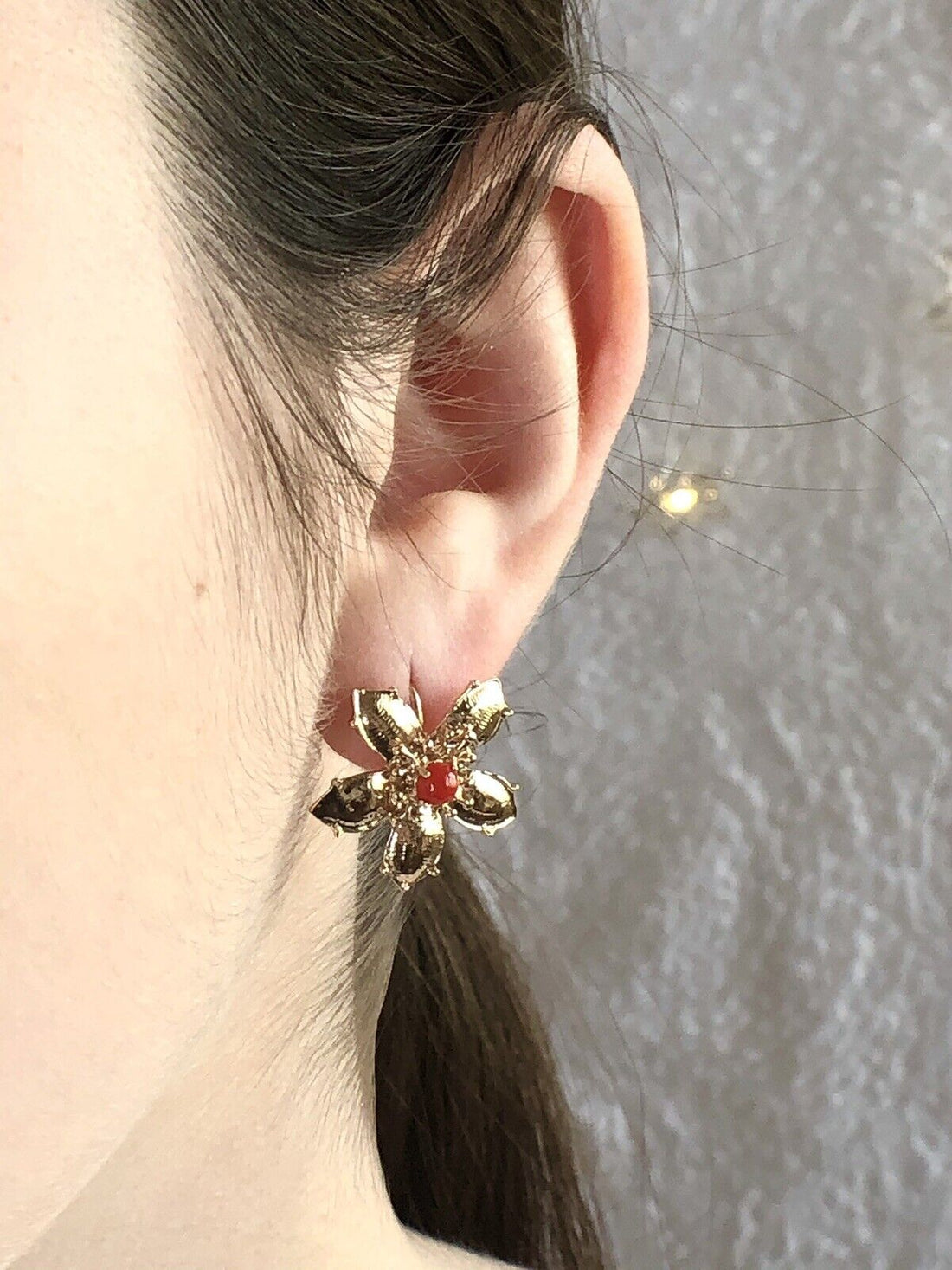 14K Yellow Gold & Mediterranean Red Coral 5 Petal Flower Hook Earrings, New