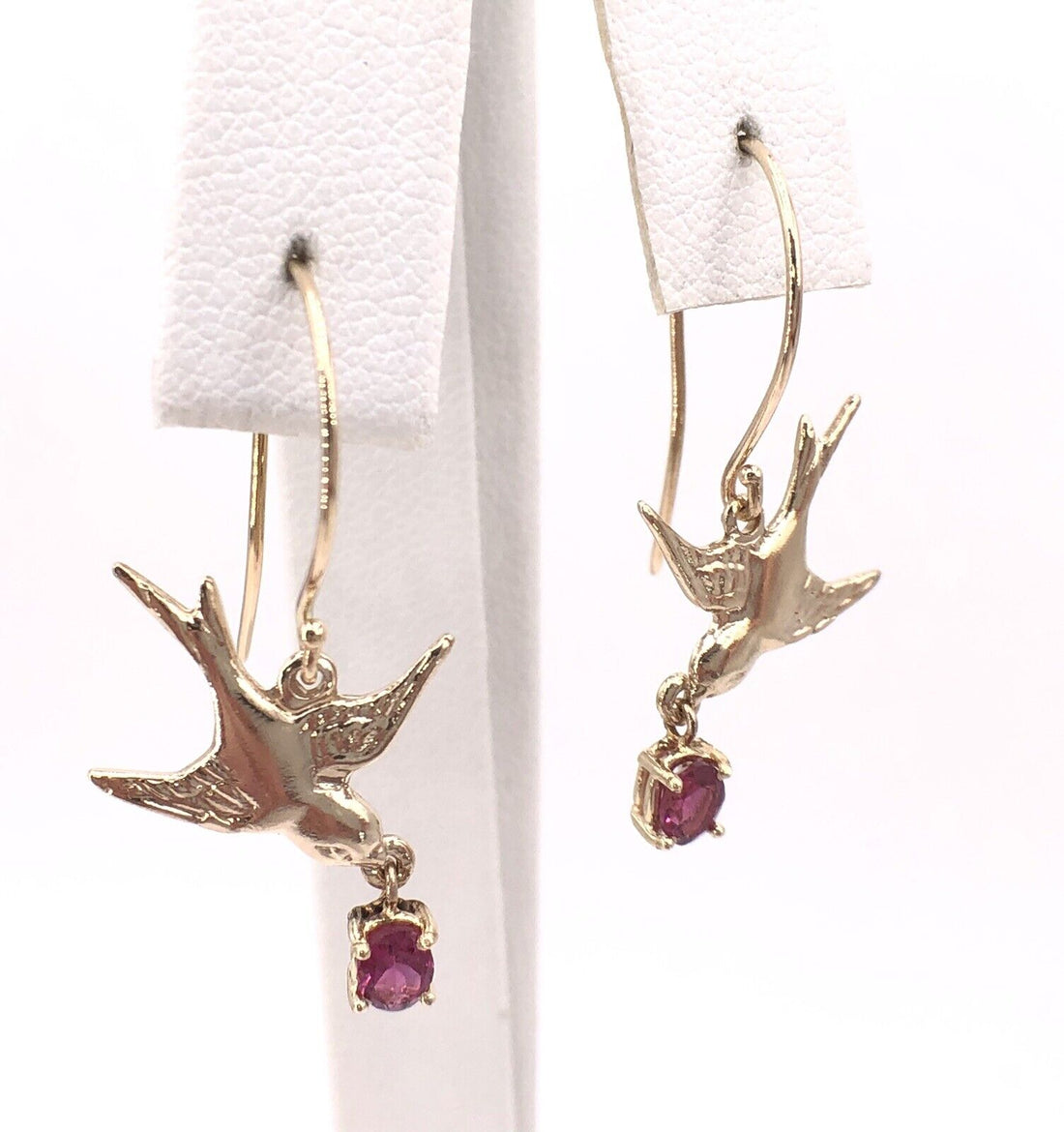 Solid 14K Yellow Gold Swallows & Pink Tourmaline Dangle/Drop Earrings, New 1.32"