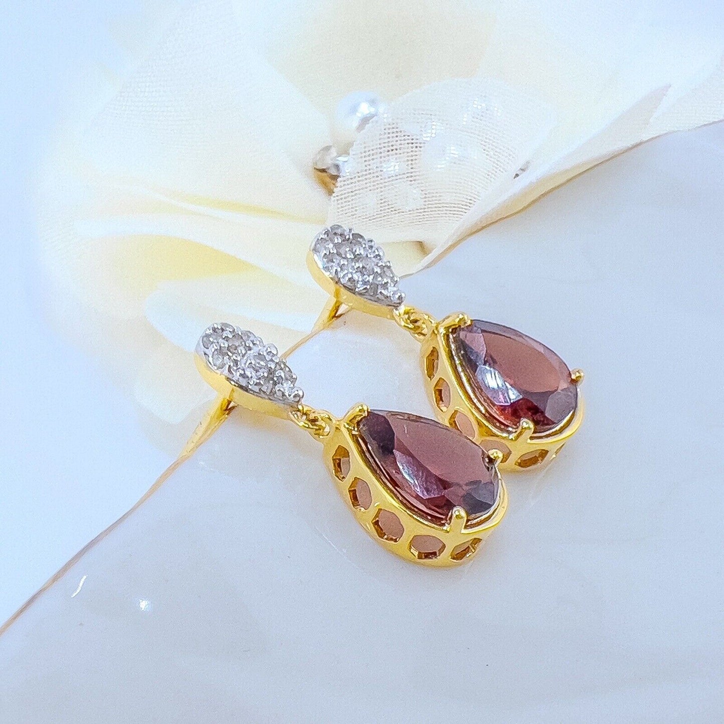 Genuine Pyrope Garnet & Diamond Solid 10k Yellow Gold Dangle/Drop Earrings