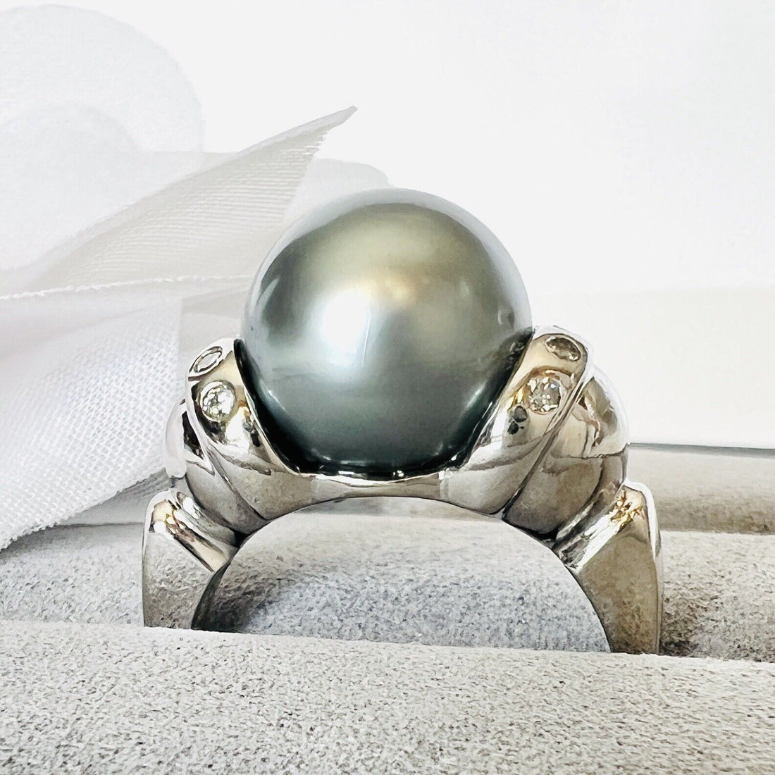 Top-Quality Tahitian Gray Pearl & Diamond Solid 14k White Gold Ring, New Sz. 7.5