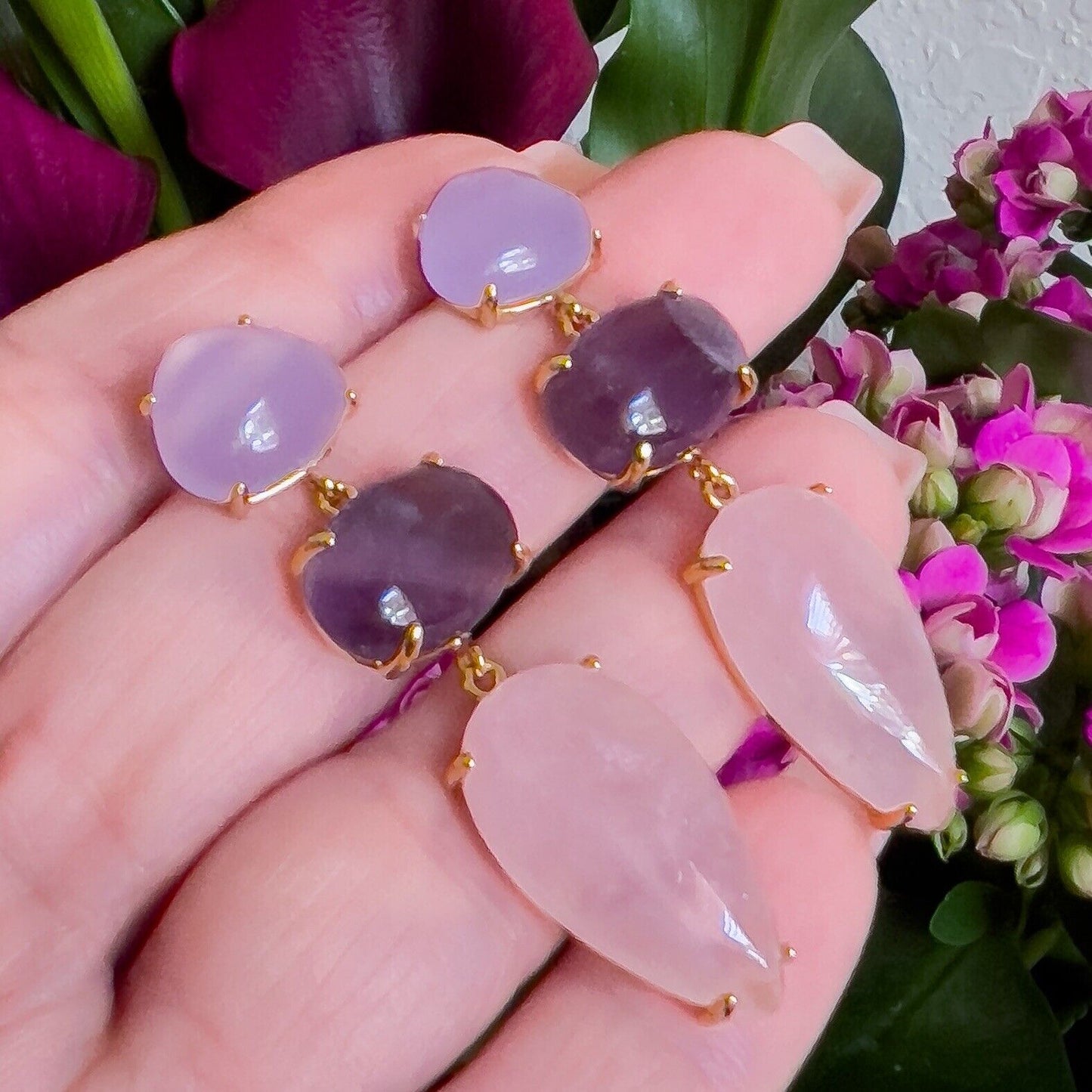 Genuine Rose-Quartz Amethyst Chalcedony Sterling Silver Vermeil Dangle Earrings