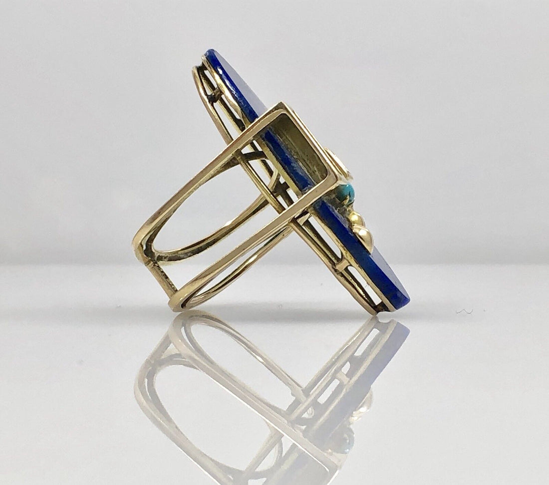 Vintage Geometric Lapis Lazuli & Turquoise 14K Solid Gold Ring, Size 6