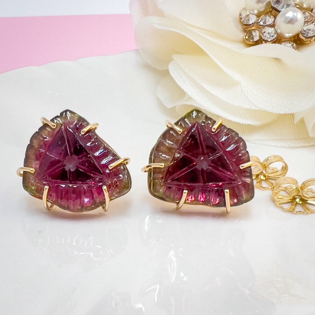 Unique 14k Yellow Gold Watermelon Tourmaline Custom-Made Stud Earrings