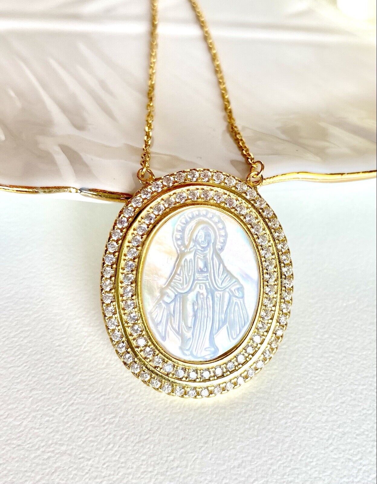 Sterling W/ Gold Overlay Miraculous Virgin Mary Pendant W/ Chain, 16-17", New