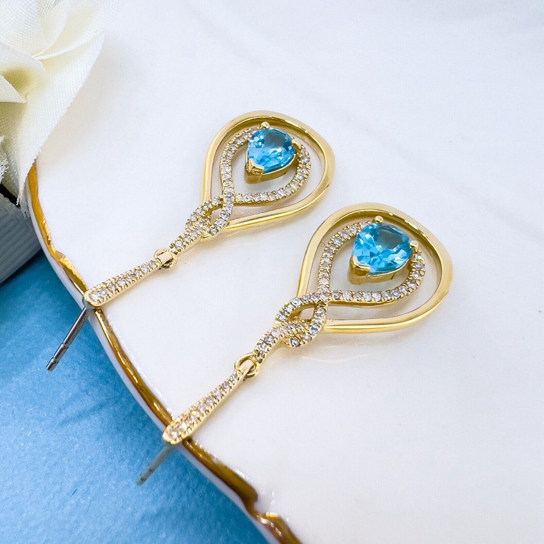 Genuine Swiss Blue Topaz & Diamond 10k Yellow Gold Dangle/Drop Earrings, New