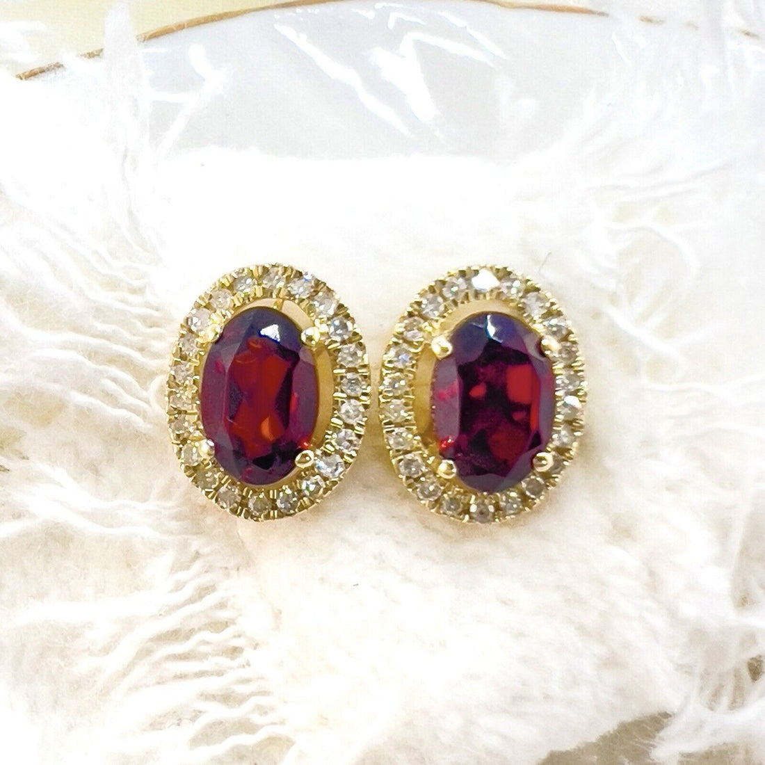 10k Yellow Gold Genuine Garnet & Diamond Halo Stud Earrings, New