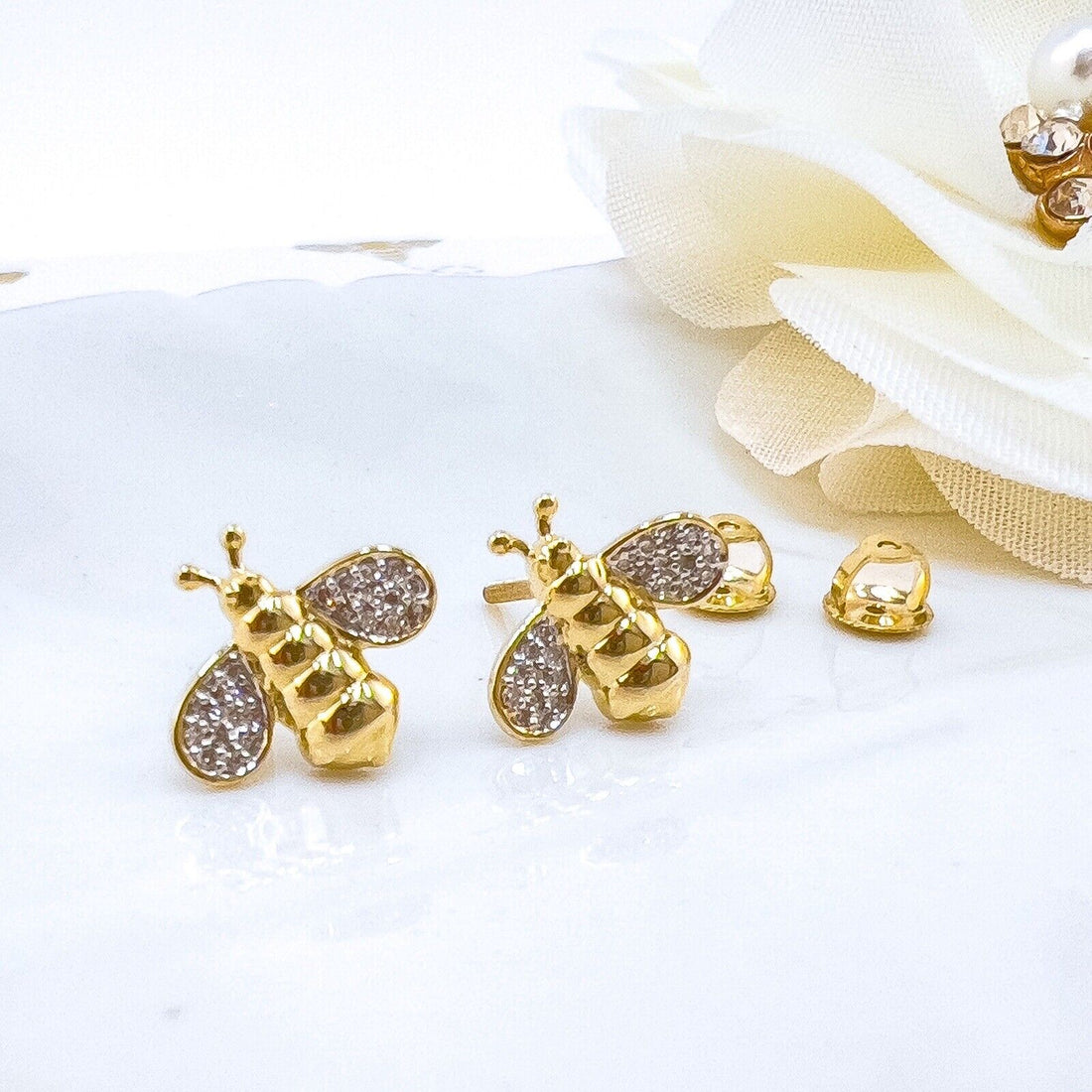 10k Yellow Gold Bumble Bee Screw-Back Stud Earrings