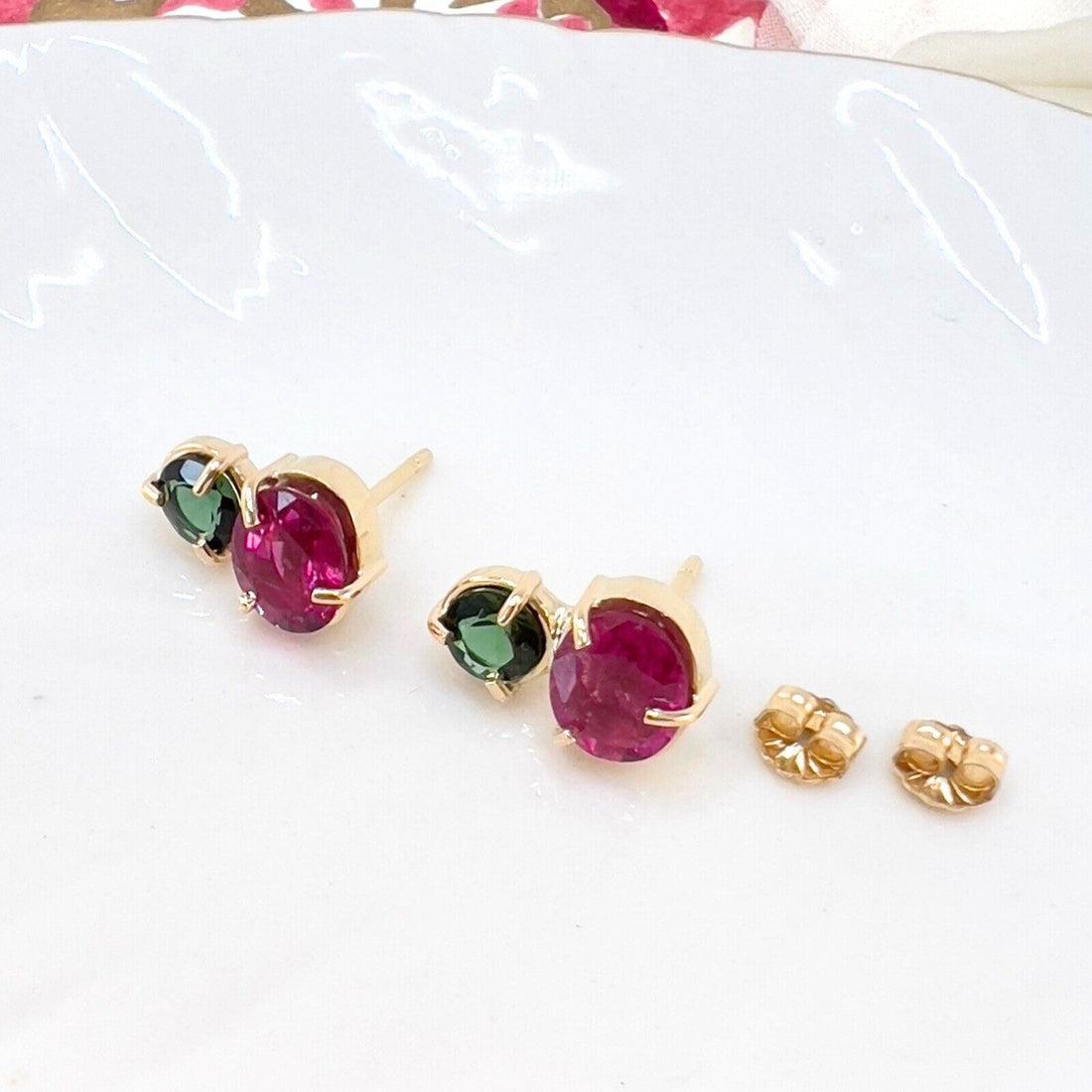 Handcrafted 14k Yellow Gold Genuine Pink & Green Tourmaline Stud Earrings, New