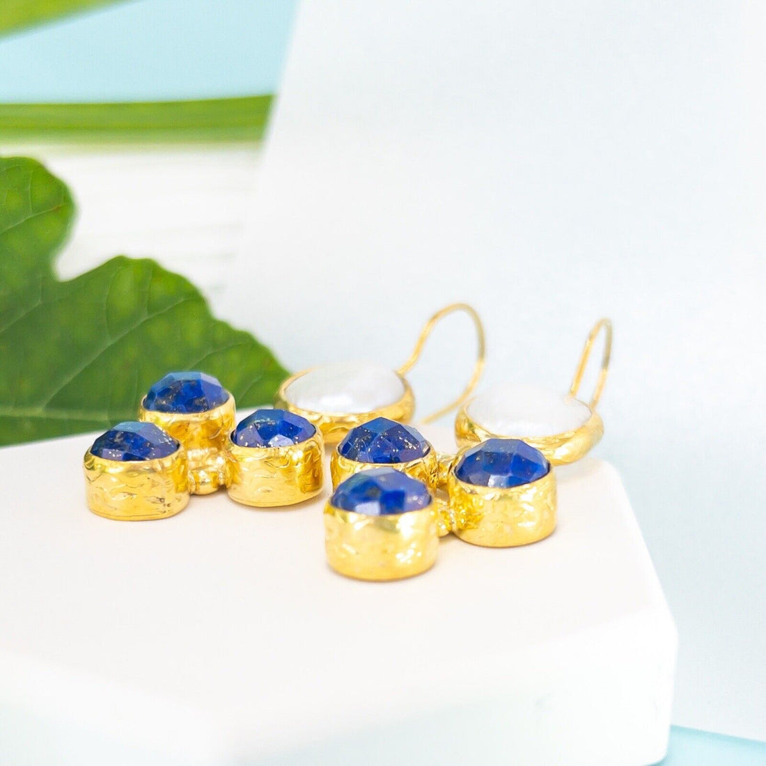 Natural Lapis Lazuli & Coin Pearl Gold Plated Dangle/Drop Earring, New 2"