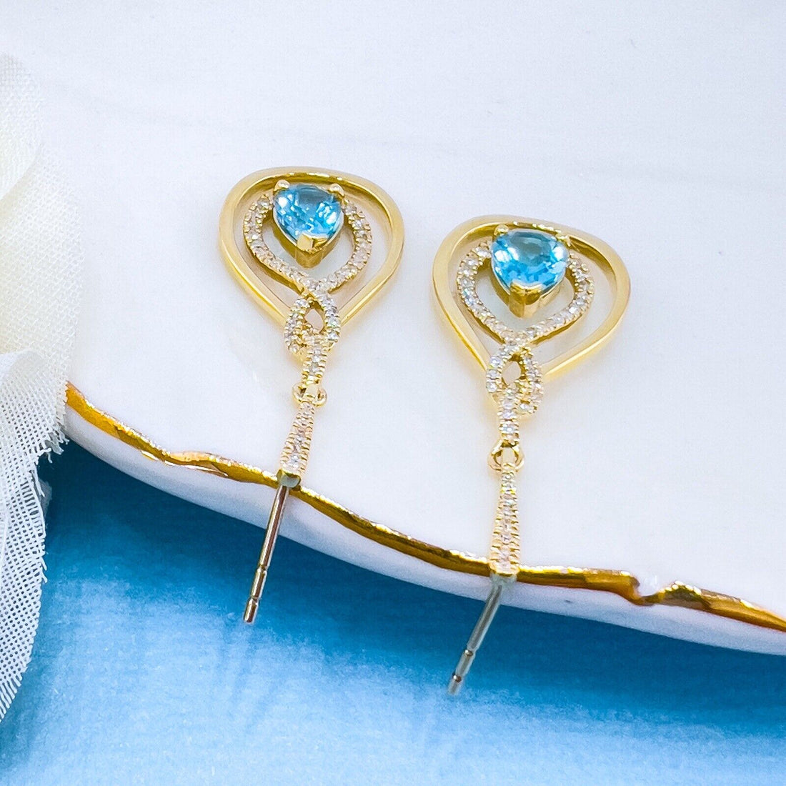 Genuine Swiss Blue Topaz & Diamond 10k Yellow Gold Dangle/Drop Earrings, New