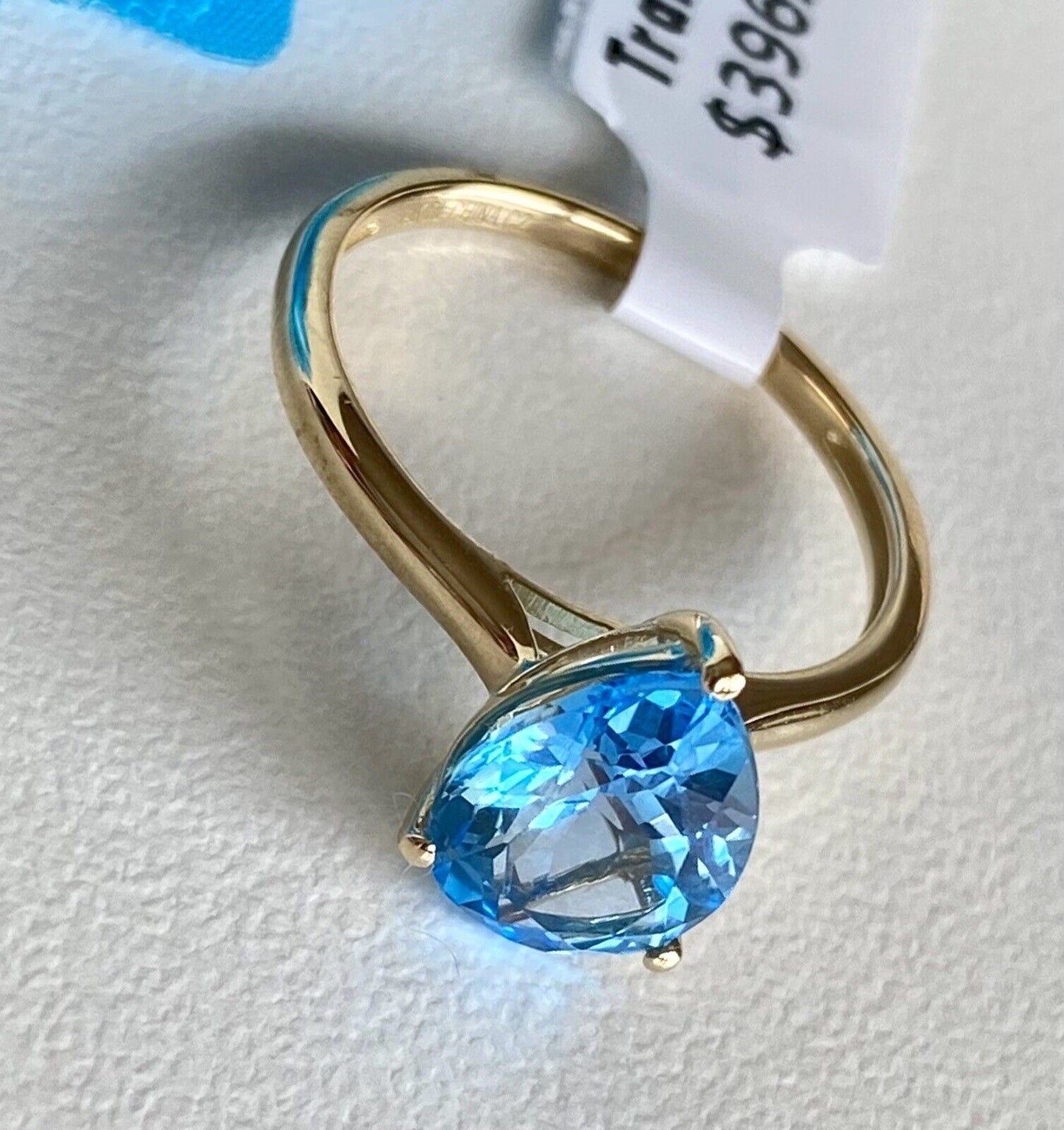 Solid 14K Yellow Gold and Genuine Swiss Blue Topaz Solitaire Ring, New
