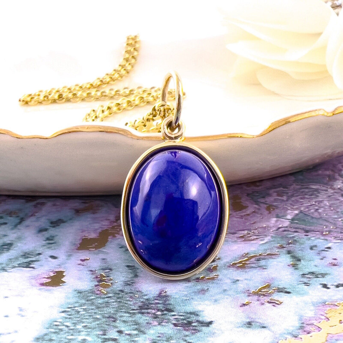 Natural Lapis Lazuli 14k Yellow Gold Oval Pendant, Unisex, Handcrafted