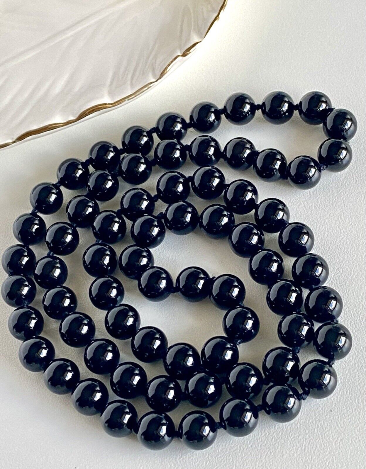 Genuine 10mm Black Onyx Knotted Endless Necklace, New, 32"